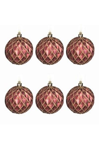 SHOPIENS Set of Christmas baubles burgundy with embossed diamond pattern, matte & gold glitter Ø8 cm - 6 pcs