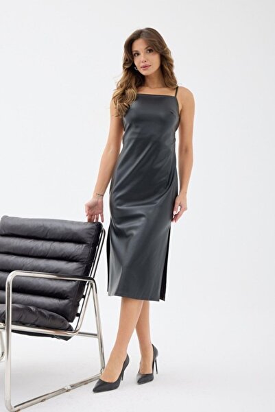 BirYıldızOl Midi Length Deep Back Cut Out Slit Leather Evening Dress
