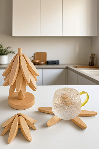 Emofom Bamboo Trivet Set with Stand, 3 Heat-Resistant Coasters and Folding Trivet for under Pots and Pans