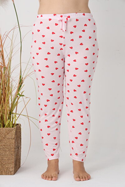 Serena Women's Big Size Pajama Pants, Pink with Red Hearts, 85% Viscose, 15% Polyester