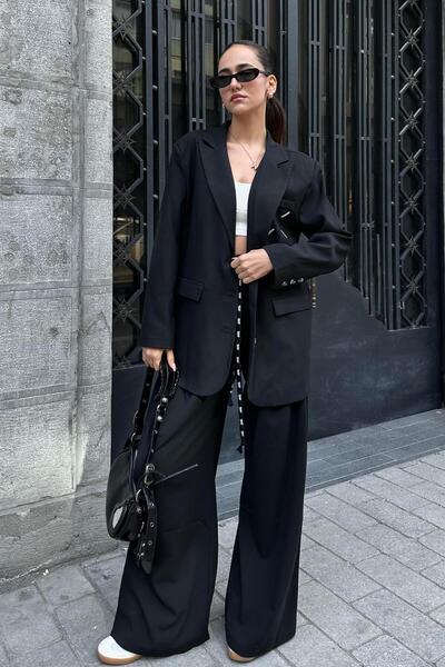 Nazliye Siyah Baskılı Oversize Blazer Ceket