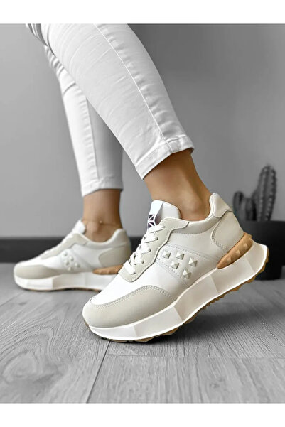 Casual Women's sneakers made of eco-leather, casual, A01, Beige