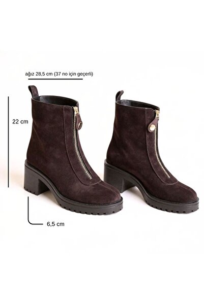 NE&VE SHOES Kahve Süet Hakiki Deri Önden Metal Fermuarlı Kadın Kalın Topuklu Bot