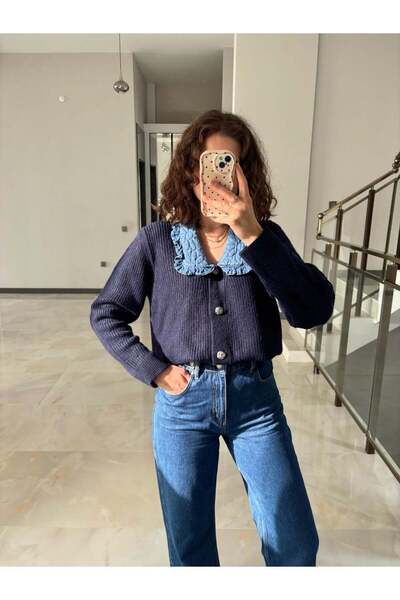 Sude Kızanlıklı Peter Pan collar Corded Fabric Knitwear Cardigan