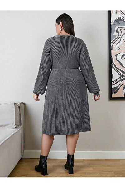 Valeria Butik Women's Gray Knitwear Long Sleeve Fit Cut Dress
