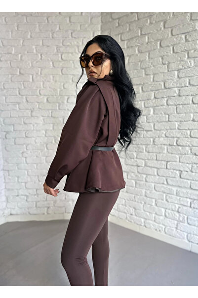 moneta boutique Women's Mock Neck Shoulder Pad Pack Black Belted Jacket