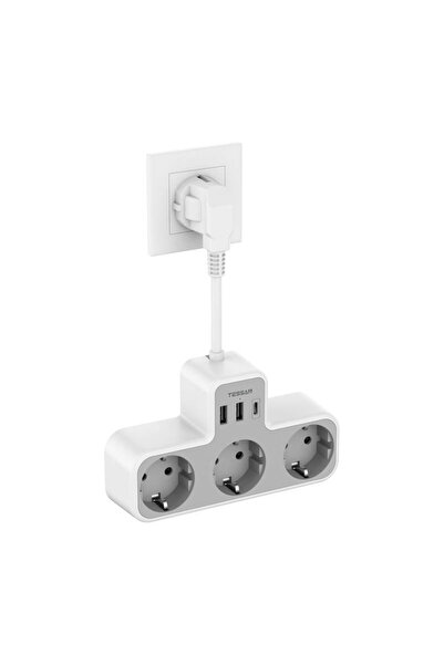 TESSAN TS-323X-C Power Strip, 3 Outlets, 2 USB-A & 1 USB-C Ports, 15cm Cable, White