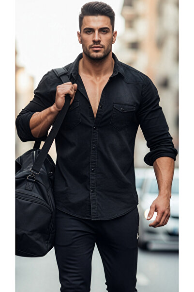 modacix Cămașă neagră pentru bărbați din denim - Închidere cu apăsare - Cu bu...