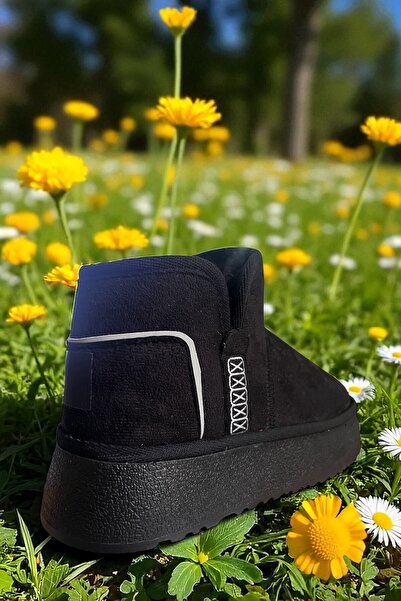 Altın Adım Kadın Anatomik Rahat Mini Süet Içi Kürklü Kalın Taban Kışlık Kadın Yarım Kuru Gün Bot -Siyah