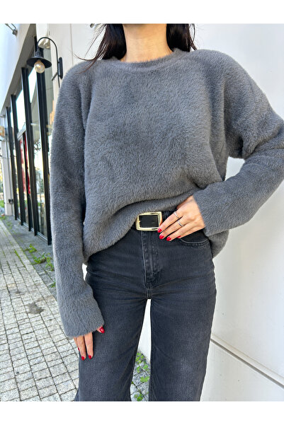 Puella Kzk0012 Women's Anthracite Beard Yarn Crew Neck O Oversized Knitwear Sweater