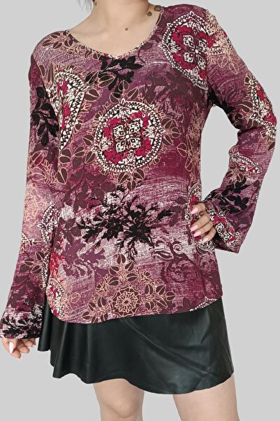 OBRO Γυναικεία Μπλούζα με τύπωμα Comma – Καμπάνα Μανίκια, Πολύχρωμο Ασιατικό Μοτίβο Αζτέκων, 100% Βισκόζη