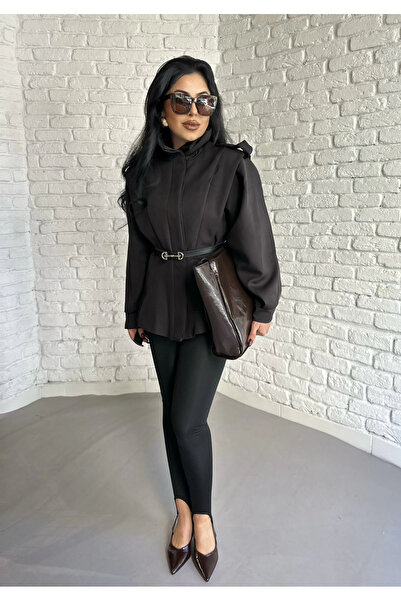 moneta boutique Women's Mock Neck Shoulder Pad Pack Black Belted Jacket