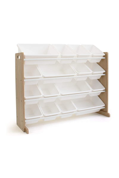 GINGER HOME White Wood Wooden Organizer for Toys and Books, with 16 Mesh Storage Boxes