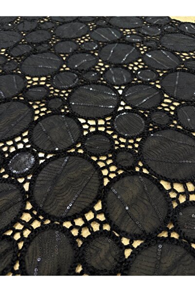 METERİAL Black Circle Patterned Sequin Lace Fabric 135 cm – Handcrafted Look, Stylish Evening Dress Fabric