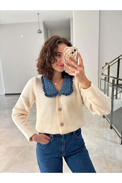 Sude Kızanlıklı Peter Pan collar Corded Fabric Knitwear Cardigan