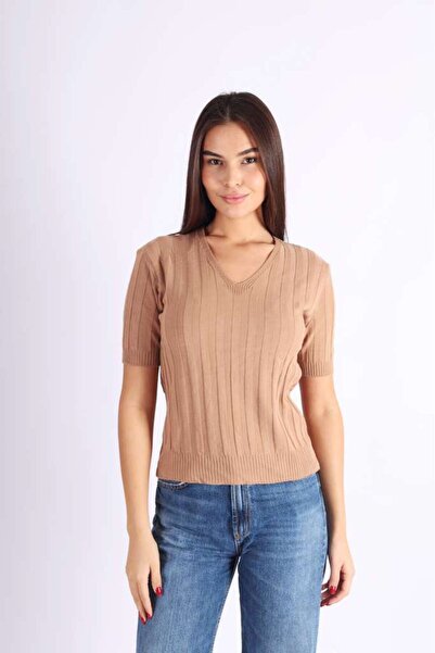 MDZ COLLECTION V Yaka Çizgi Desenli Kısa Kollu Triko Bluz