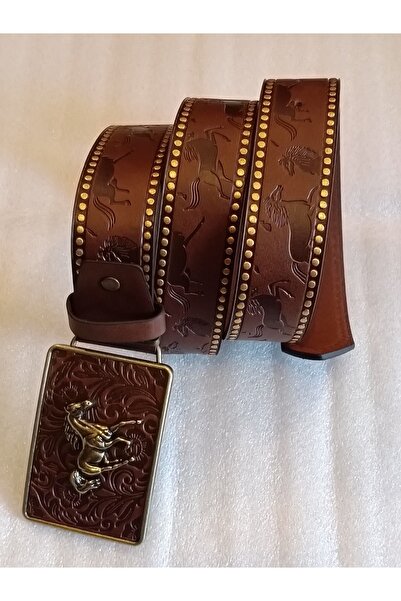 Butik Tülin حزام جلد صناعي أصلي للجنسين باللون البني مزين بـ مطبوع زهرة برونز...