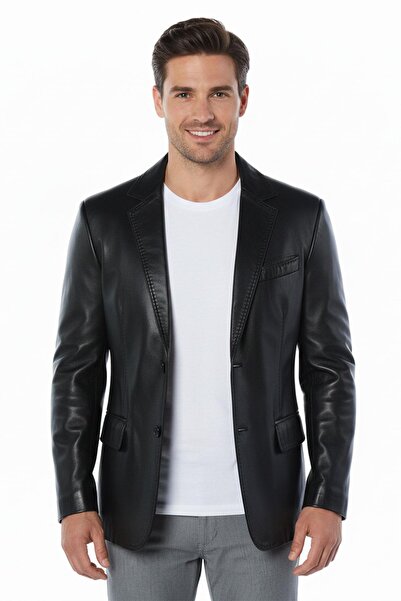 Deriderim Black Lou Men's Genuine Leather Blazer Jacket