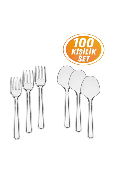 Lüks Sert 100 Adet Plastik Çatal Ve 100 Adet Plastik Kaşık Seti