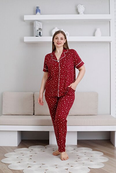 PİJAMOOD KADIN DÜĞMELİ KISA KOLLU BATTAL BEDEN PİJAMA TAKIMI