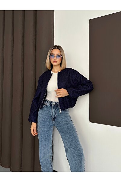 MODAMERSİ Жіноча синя куртка-бомбер з леопардовим принтом