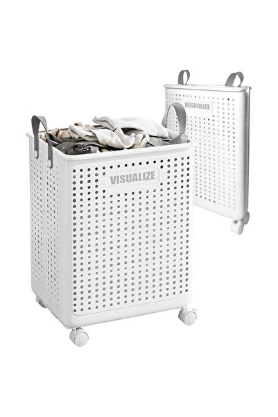 Generic Large Collapsible Laundry Basket with Wheels & Handle (White)
