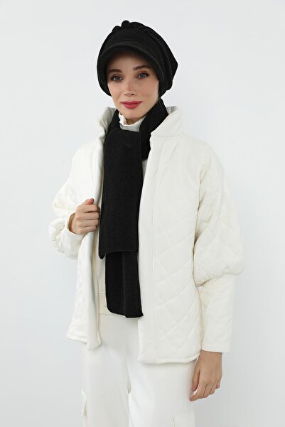 Aisha's Design Winter Plain Pleated Bonnet and Scarf Set,Bat-3Dk,Black