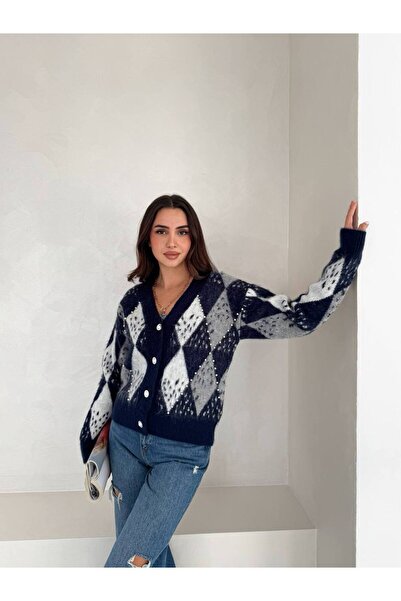 İLKCET MODA Baklava Patterned Beaded Knitwear Cardigan