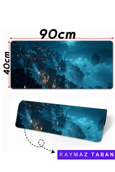 Rever Gizemli Şehir Desenli 90x40cm Mousepad Kaymaz Taban Gaming Oyuncu Mouse pad