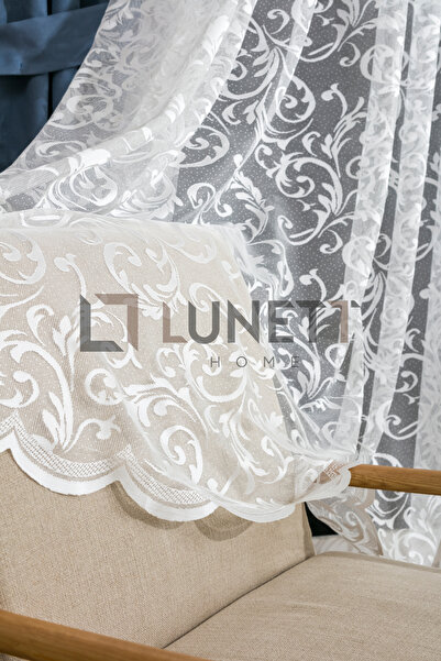 LUNETT HOME Ready to Use Vine Pattern Cream Color Sparse (1X2) Pleated Sewing Tulle Curtain