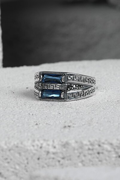 FRNCH 925 Ayar Gümüş Zirkon Taşlı Lacivert Renkli Erkek Yüzük FRJ60093-193-L7