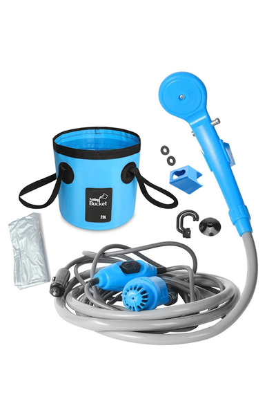 Choice أزرق مع حقيبة دش تخييم محمول للمشي لمسافات طويلة والسفر 12 فولت ولاعة سجائر في السيارة وحمام خارجي ودش