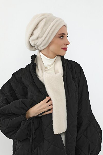 Aisha's Design Winter Plain Pleated Bonnet and Scarf Set, Bat-3Dk, Cream