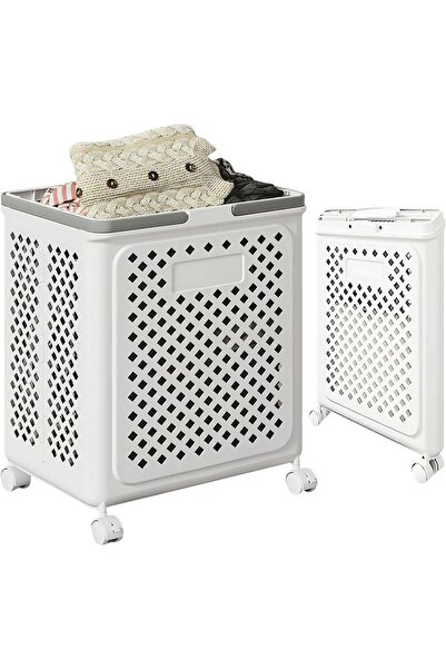 MARKQ Foldable Laundry Basket with 360° Rotatable Wheels, Collapsible Plastic Hamper, White