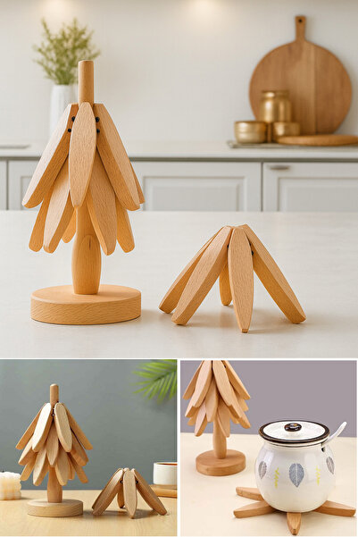 Emofom Bamboo Trivet Set with Stand, 3 Heat-Resistant Coasters and Folding Trivet for under Pots and Pans