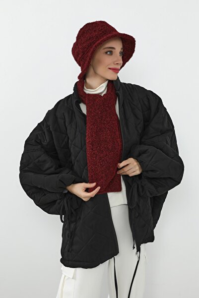 Aisha's Design Winter Furry Cashmere Bucket Hat and Scarf Set, Bat-1Tk, Burgundy