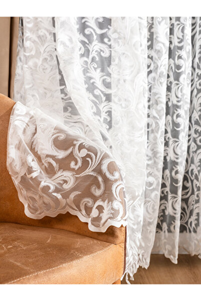 LUNETT HOME Ready to Use Vine Pattern Cream Color Sparse (1X2) Pleated Sewing Tulle Curtain