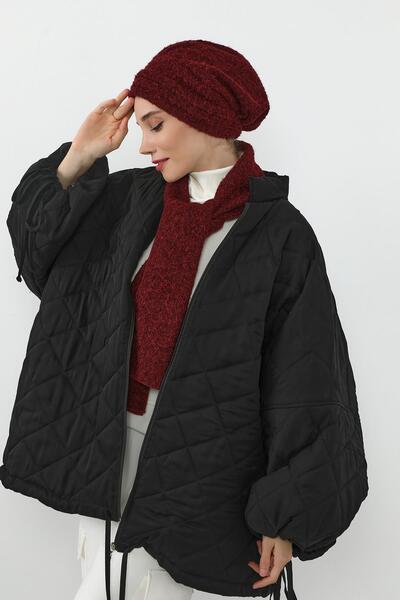 Aisha's Design Winter Furry Pleated Bonnet and Scarf Set, Bat-3Tk, Burgundy