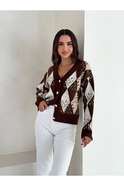 İLKCET MODA Baklava Patterned Beaded Knitwear Cardigan