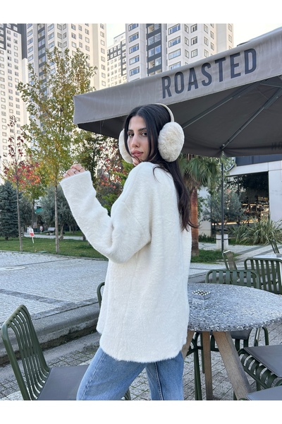 Puella Kzk0012 Women's White Beard Threaded Crew Neck O Oversized Knitwear Sweater