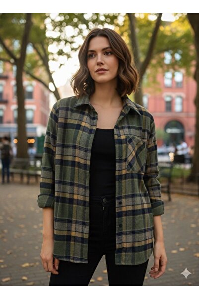 Meşe Moda قميص نسائي منقوش قصة فضفاضة - جاكيت