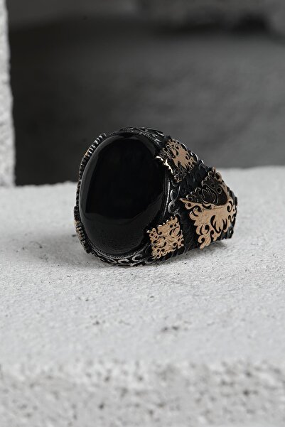 FRNCH 925 Ayar Gümüş Zirkon Taşlı Siyah-Altın Renkli Erkek Yüzük FRJ60093-193...