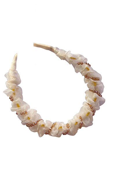 New Obsessions White Tulle Fabric and Bead Embroidered Shark Tooth Bone Crown