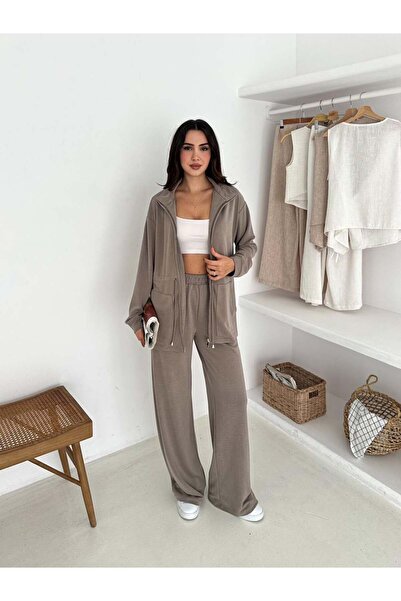 BERHANİ Modal Kumaş Fermuarlı Bej Kadın Takım YKM31179