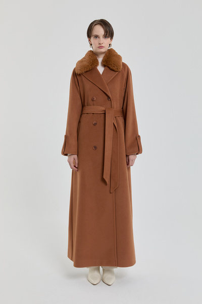 Nihan Kürk Yakalı Kruvaze Manto Taba