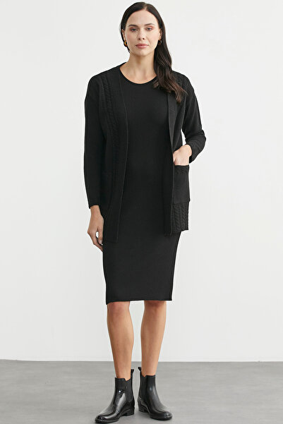 Sementa Büyük Beden Cepli Uzun Triko Hırka - Siyah