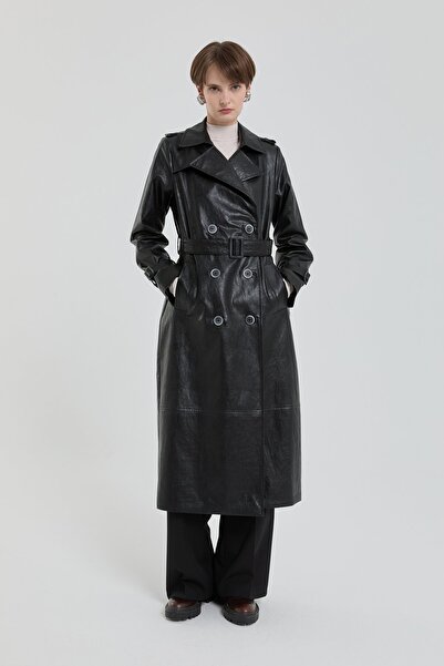 Nihan Kruvaze Deri Trençkot Siyah