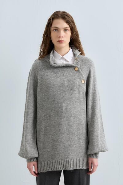 Nihan Düğme Detaylı Triko Tunik Gri