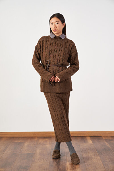 Mevra Σετ πλεκτό πουλόβερ oversized μακριά φούστα και πλεκτό καφέ