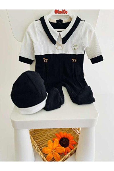 MimiCo Erkek Bebek Lacivert-Beyaz Pamuklu Tulum – Sallanan At Ahşap Nakış Det...